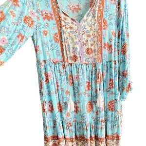 Floral Bohemian Dress in Blue, Cream, Pink and Brown With Tassel Tie Detailing